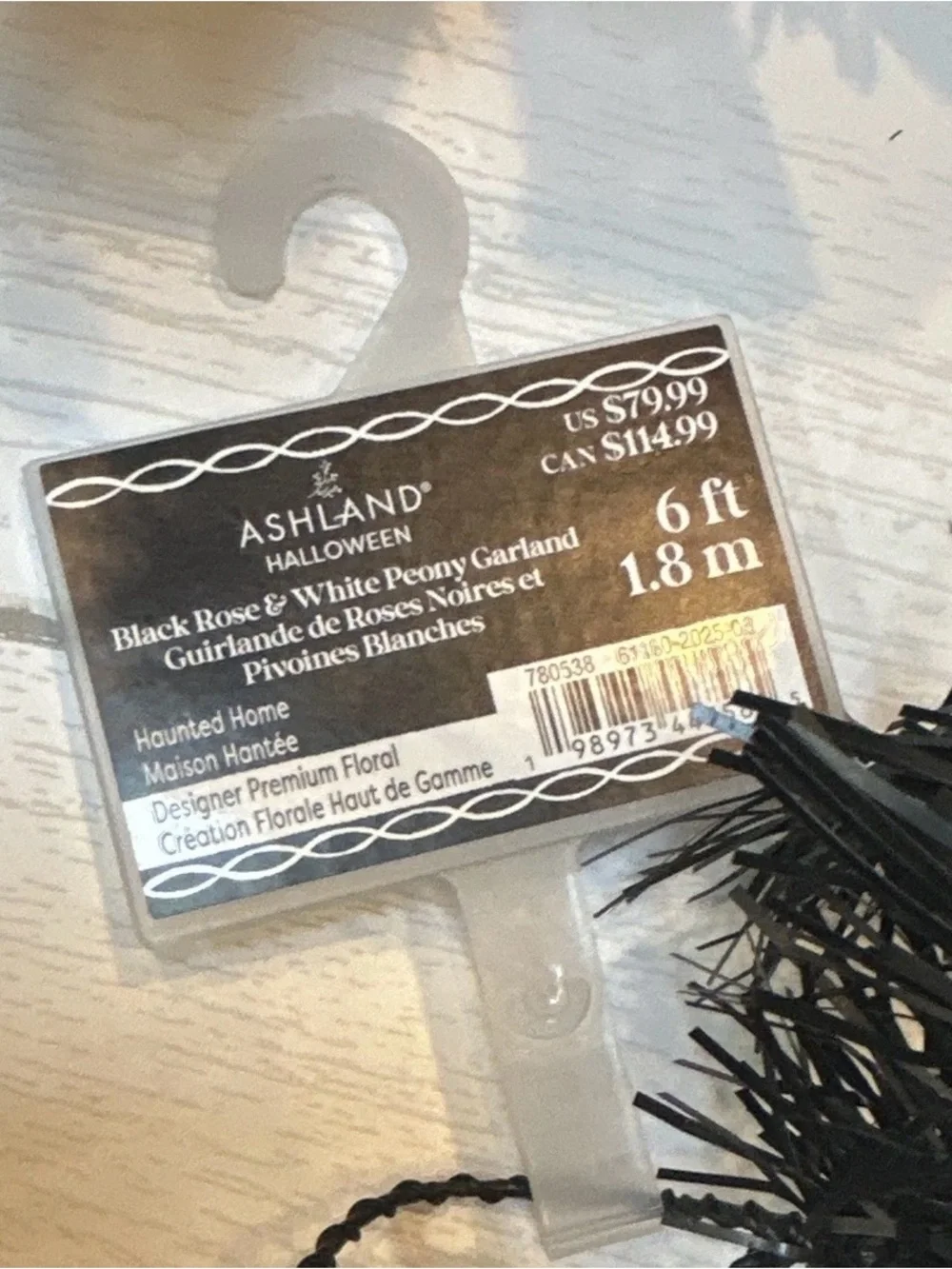 New 6 ft Ashland Artificial Halloween Black Rose White Peony Garland-Velvet Bats